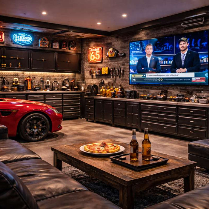 Modern man cave with leather sofas, a TV, a red sports car, and a coffee table, showing why do men feel like they need a man cave for personal space and relaxation