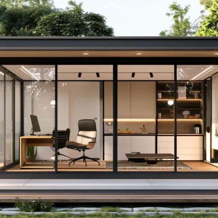 Modern outdoor home office building with glass walls, a desk, and an office chair sits in a quiet, green backyard