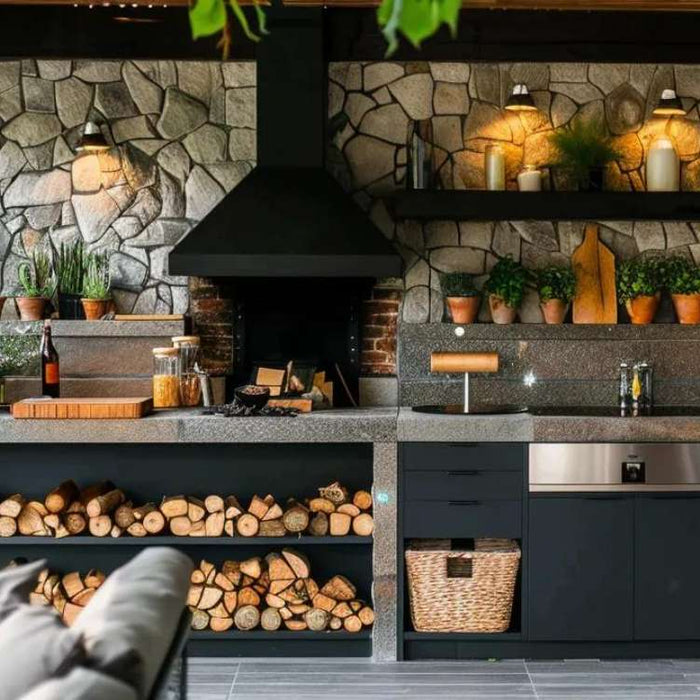 Modern outdoor kitchen built against a stone wall with a grill, vent hood, countertops, and wood storage, showing how design answers the question can an outdoor kitchen be against the house