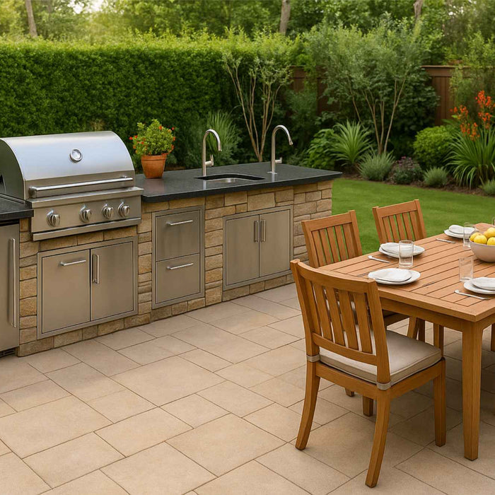 Modern outdoor kitchen with a built-in grill, sink, refrigerator, and a wooden dining table surrounded by greenery, representing 8 Must-Haves for Your Outdoor Kitchen
