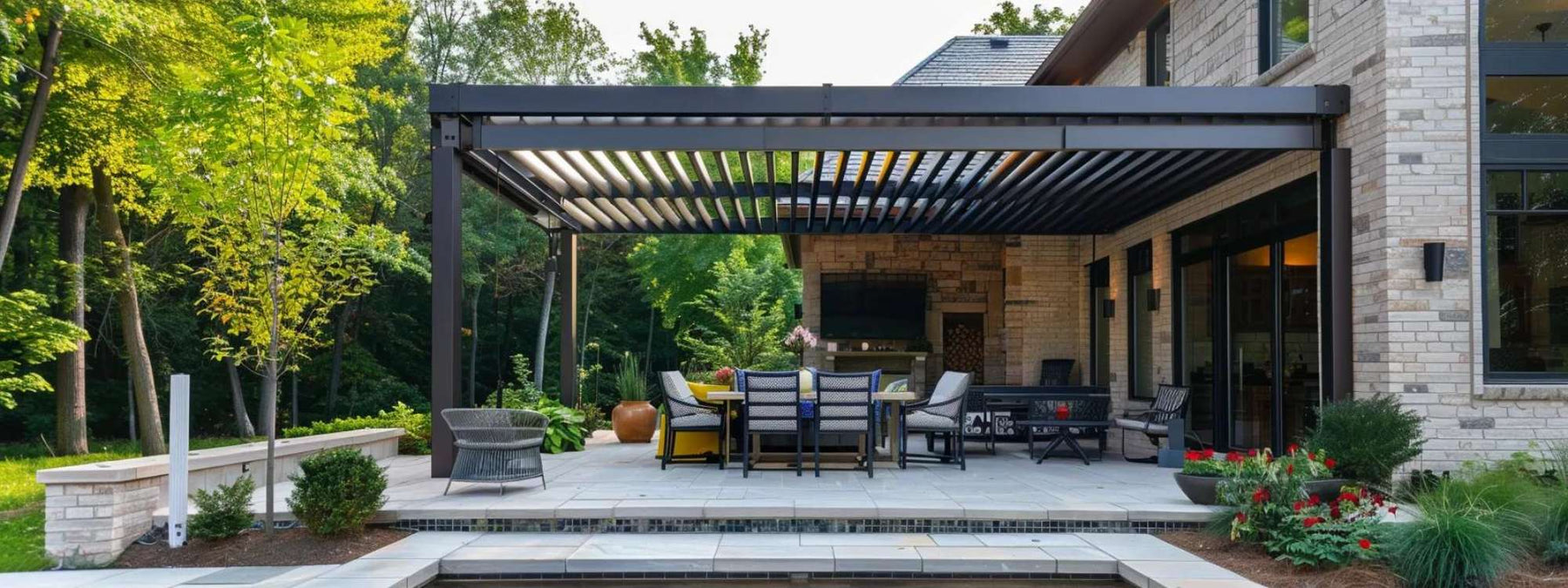 Modern patio with seating under a dark aluminum pergola attached to a house, illustrating how to clean aluminum pergola roof louvers and frame
