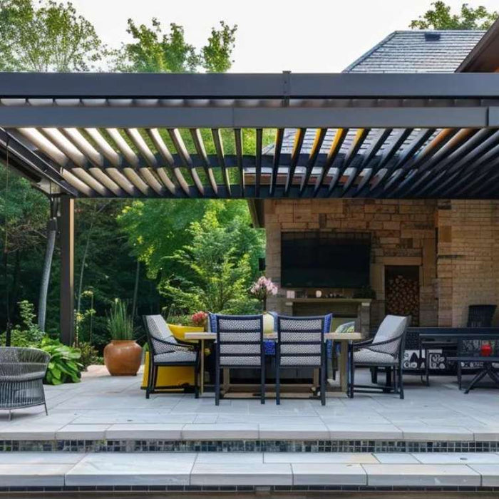 Modern patio with seating under a dark aluminum pergola attached to a house, illustrating how to clean aluminum pergola roof louvers and frame
