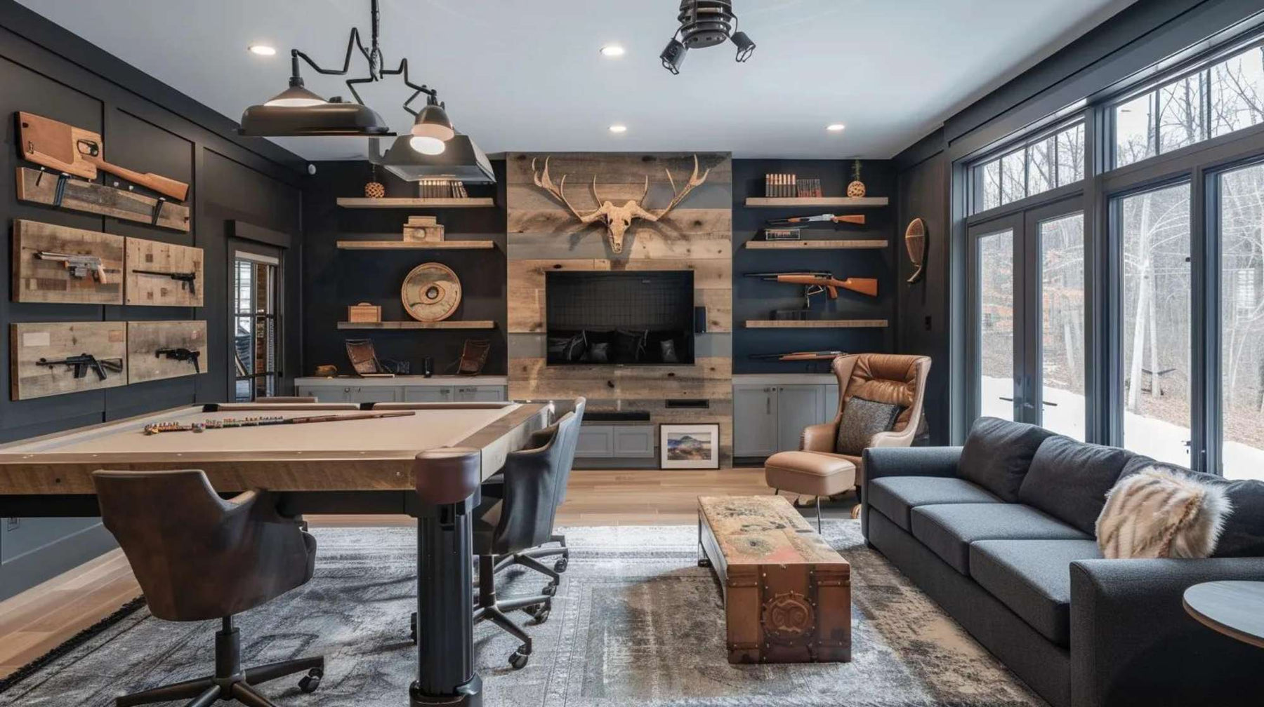 Modern rustic man cave with guns featuring wall-mounted rifles, a pool table, leather seating, and a mounted deer skull above a fireplace