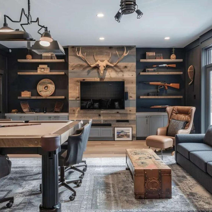 Modern rustic man cave with guns featuring wall-mounted rifles, a pool table, leather seating, and a mounted deer skull above a fireplace