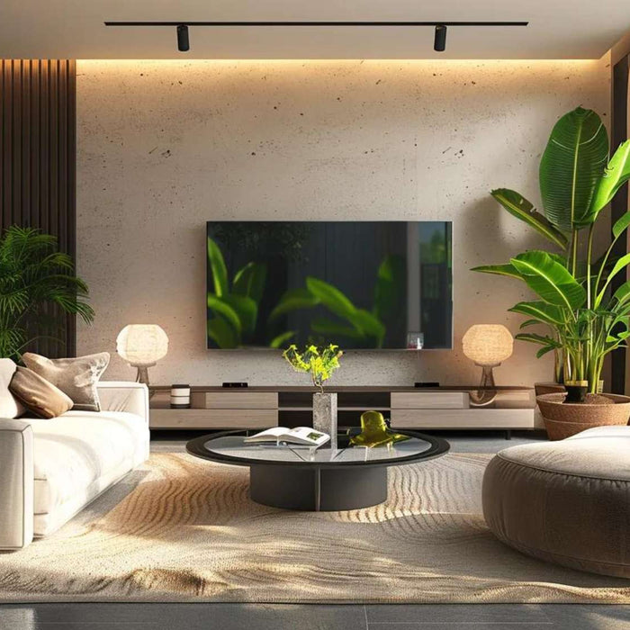Modern seating space with a sofa, ottoman, TV, and large plants by tall windows, showing a relaxed layout often compared in gathering room vs living room