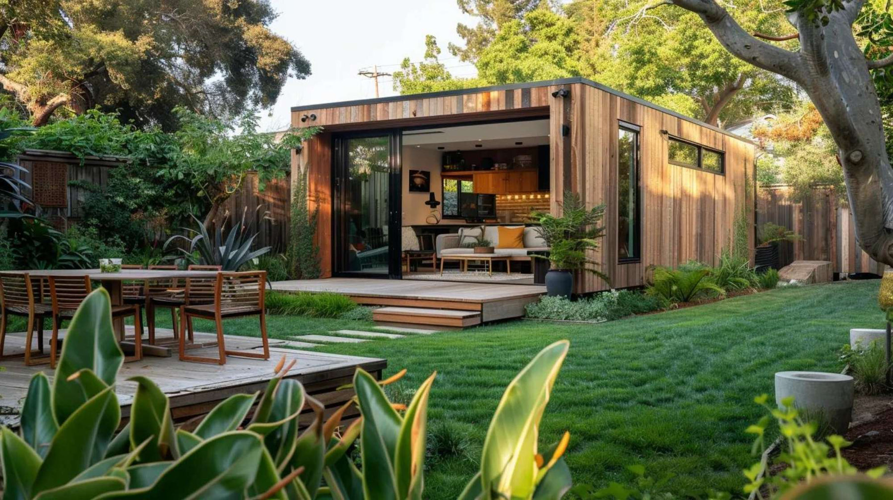 Modern tiny home for backyard living with wood exterior sits on a landscaped lawn, featuring large glass doors, a small deck, outdoor dining furniture, and surrounding trees and plants