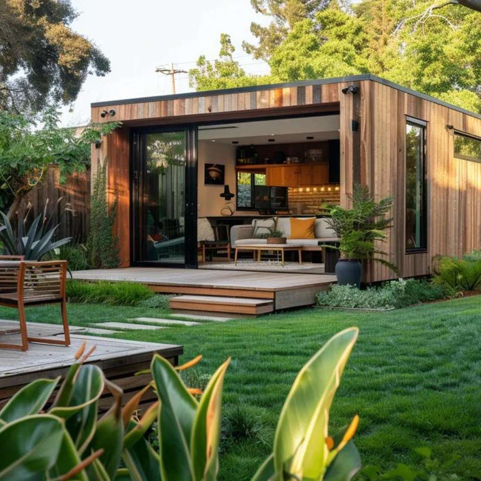 Modern tiny home for backyard living with wood exterior sits on a landscaped lawn, featuring large glass doors, a small deck, outdoor dining furniture, and surrounding trees and plants