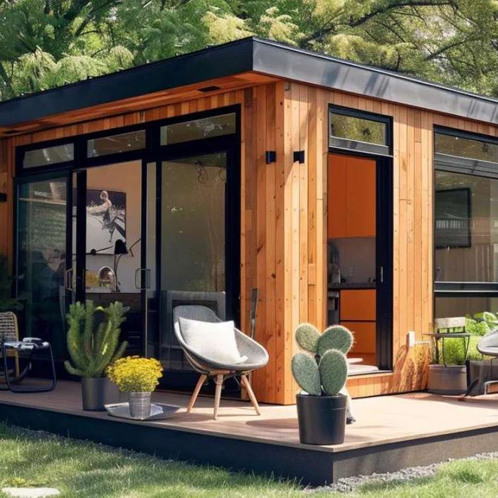 Modern tiny home on a raised deck in a backyard, showing how are tiny homes anchored for stability and safety
