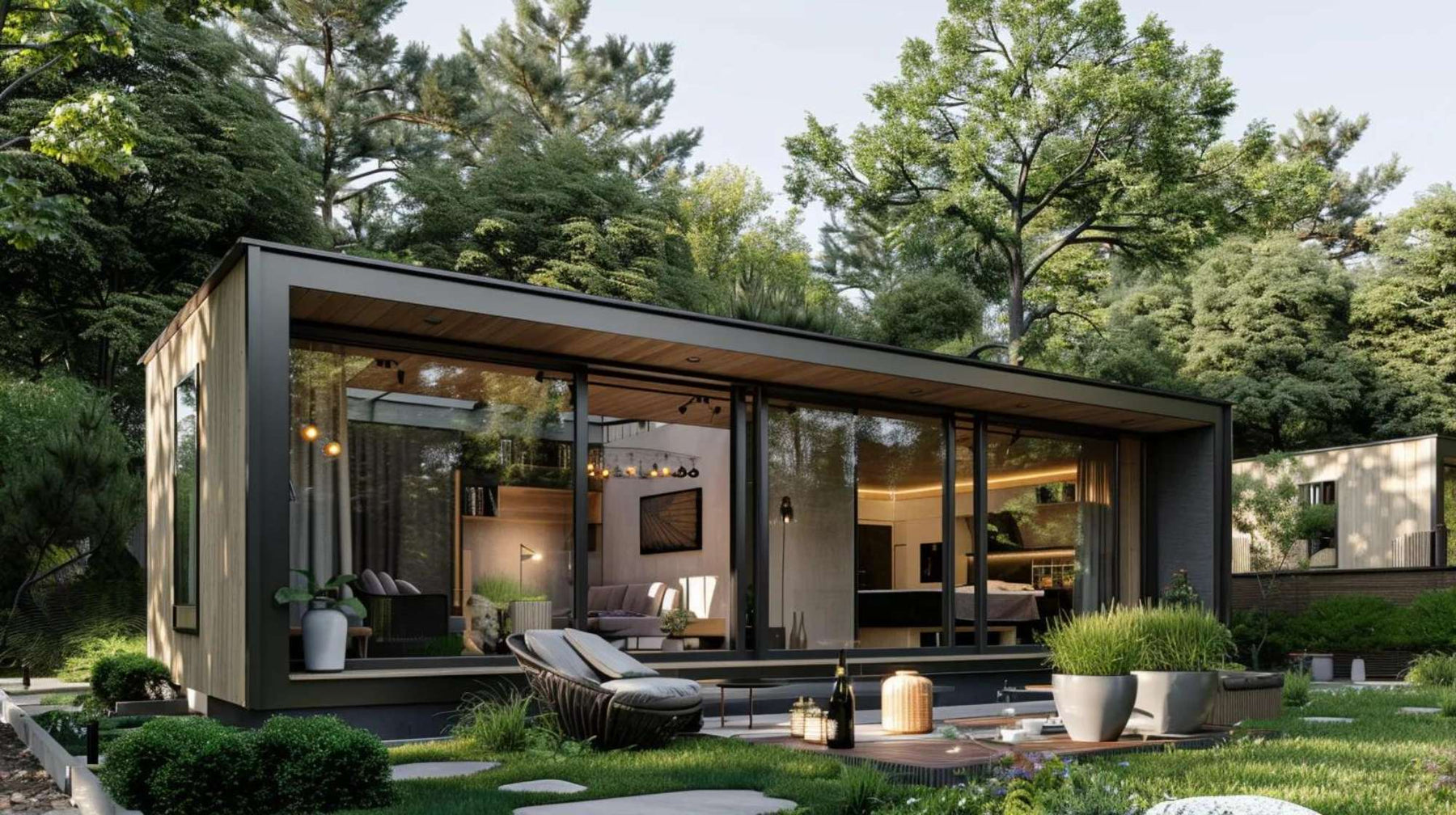 Modern tiny home with glass walls in a wooded area, often referenced when asking can tiny homes solve homelessness