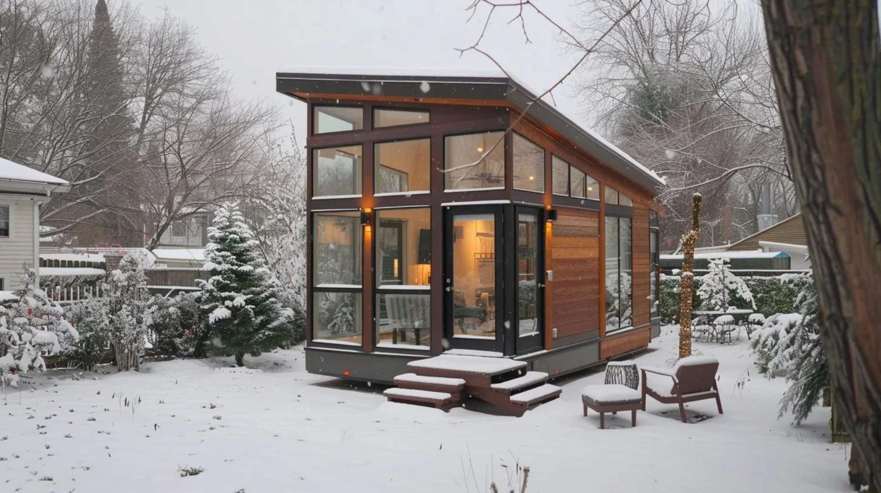 Modern tiny home with large windows sits in a snowy backyard, warmly lit inside, showing that can tiny homes survive the winter when properly designed and insulated