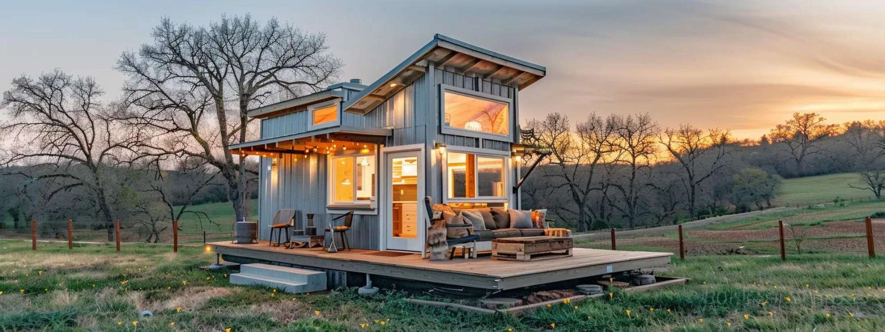 Modern wooden garden house for teenagers sits on a raised deck in a grassy landscape, featuring large windows, outdoor seating, and warm interior lighting at sunset