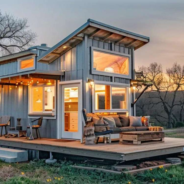 Modern wooden garden house for teenagers sits on a raised deck in a grassy landscape, featuring large windows, outdoor seating, and warm interior lighting at sunset