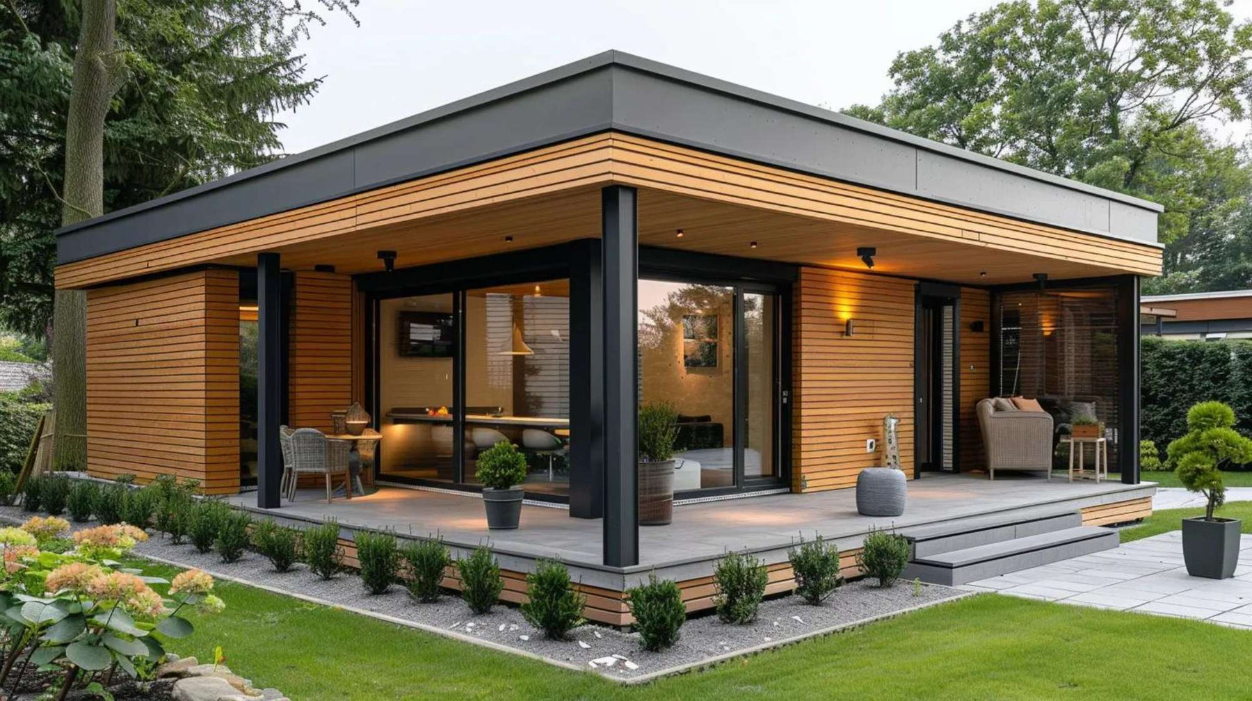 Modern wooden garden house with large glass doors and soft lighting, highlighting clean, minimalist garden house decor in a landscaped outdoor setting