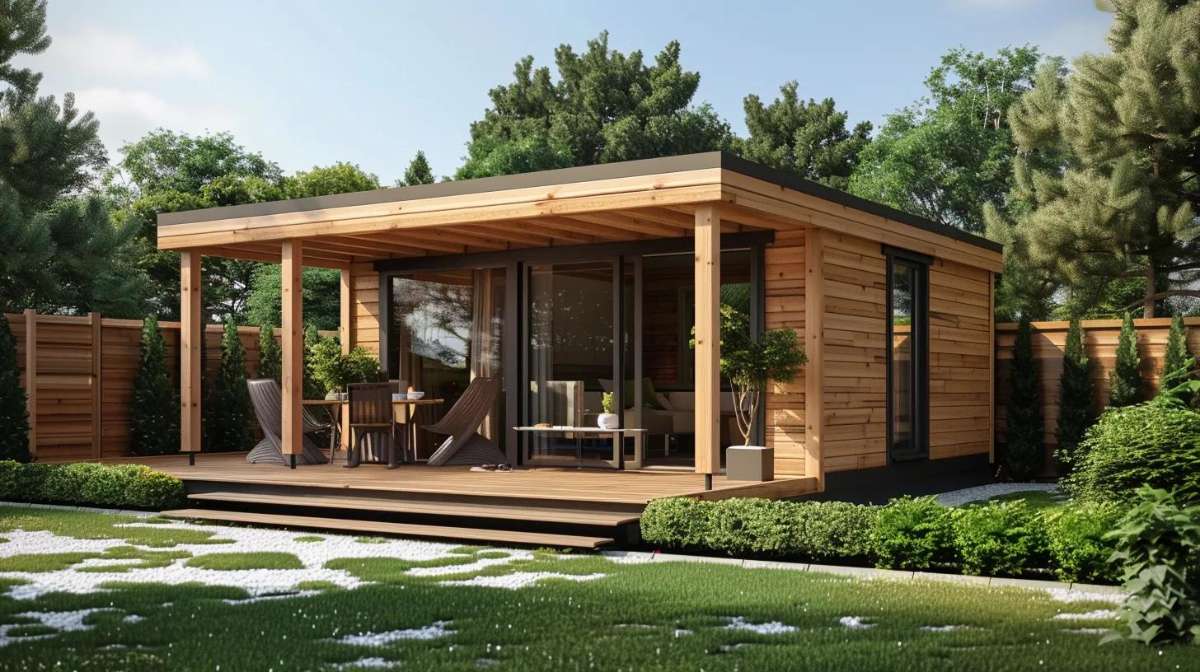 Modern wooden garden house with veranda featuring a flat roof, large glass doors, covered deck seating, and surrounding greenery in a landscaped backyard