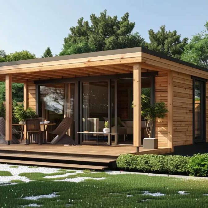 Modern wooden garden house with veranda featuring a flat roof, large glass doors, covered deck seating, and surrounding greenery in a landscaped backyard