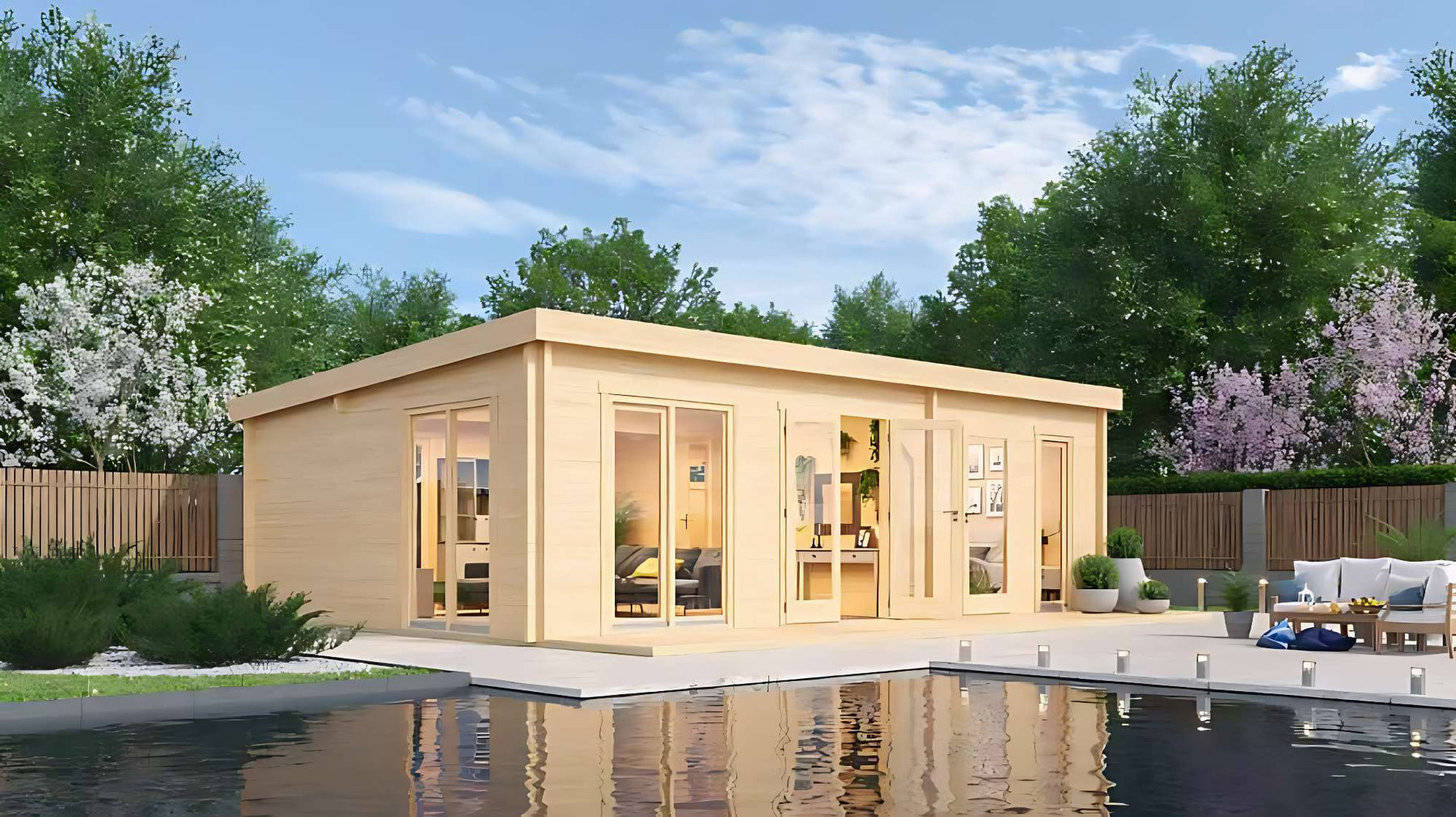 A modern wooden garden room sits beside a peaceful reflecting pool, showing one of many stylish Ways to Use an Outdoor Freedom Room for work, relaxation, or creativity