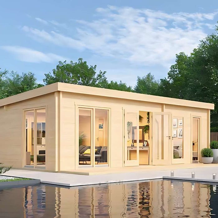 A modern wooden garden room sits beside a peaceful reflecting pool, showing one of many stylish Ways to Use an Outdoor Freedom Room for work, relaxation, or creativity