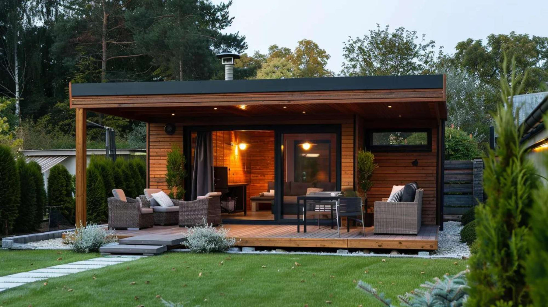 Modern wooden patio surrounded by greenery, cozy seating, and warm lighting creates the Perfect Garden House for Your Backyard