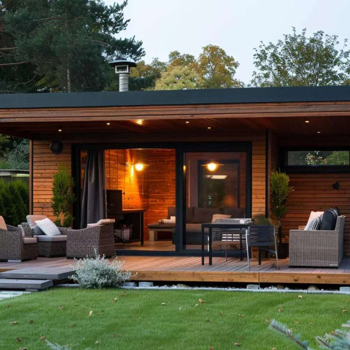 Modern wooden patio surrounded by greenery, cozy seating, and warm lighting creates the Perfect Garden House for Your Backyard