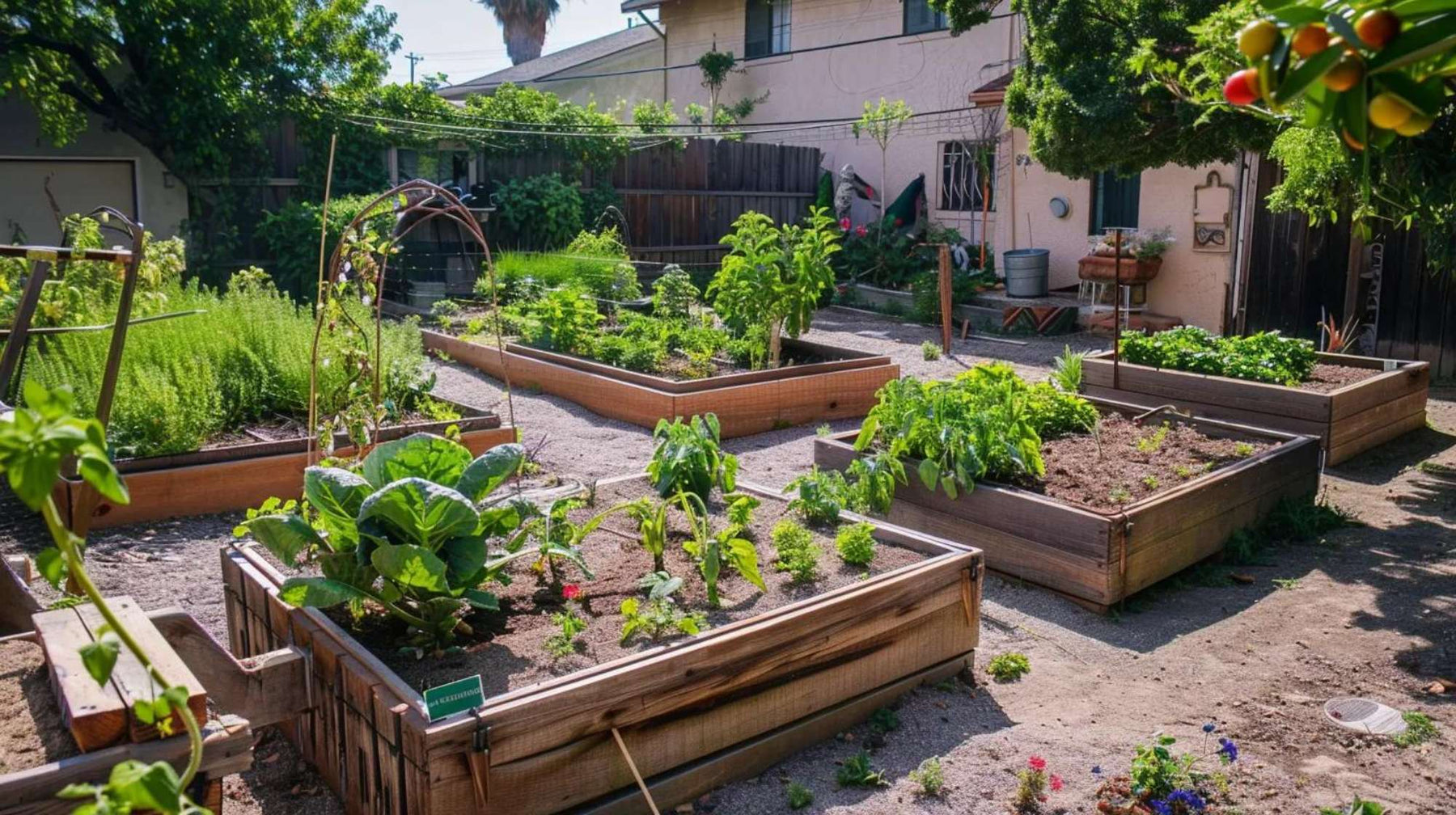 Multiple wooden raised garden beds arranged in a sunny yard with growing plants, illustrating how are raised garden beds bottomless in typical home setups