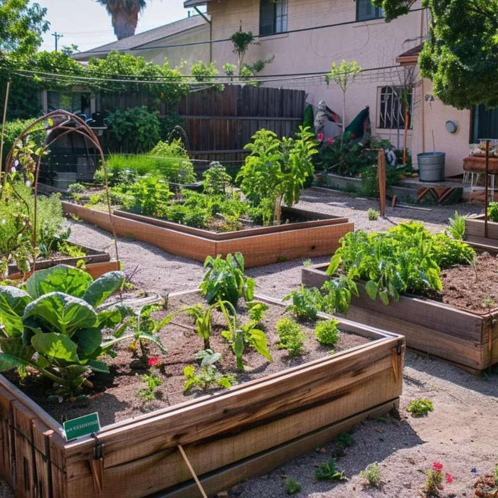 Multiple wooden raised garden beds arranged in a sunny yard with growing plants, illustrating how are raised garden beds bottomless in typical home setups