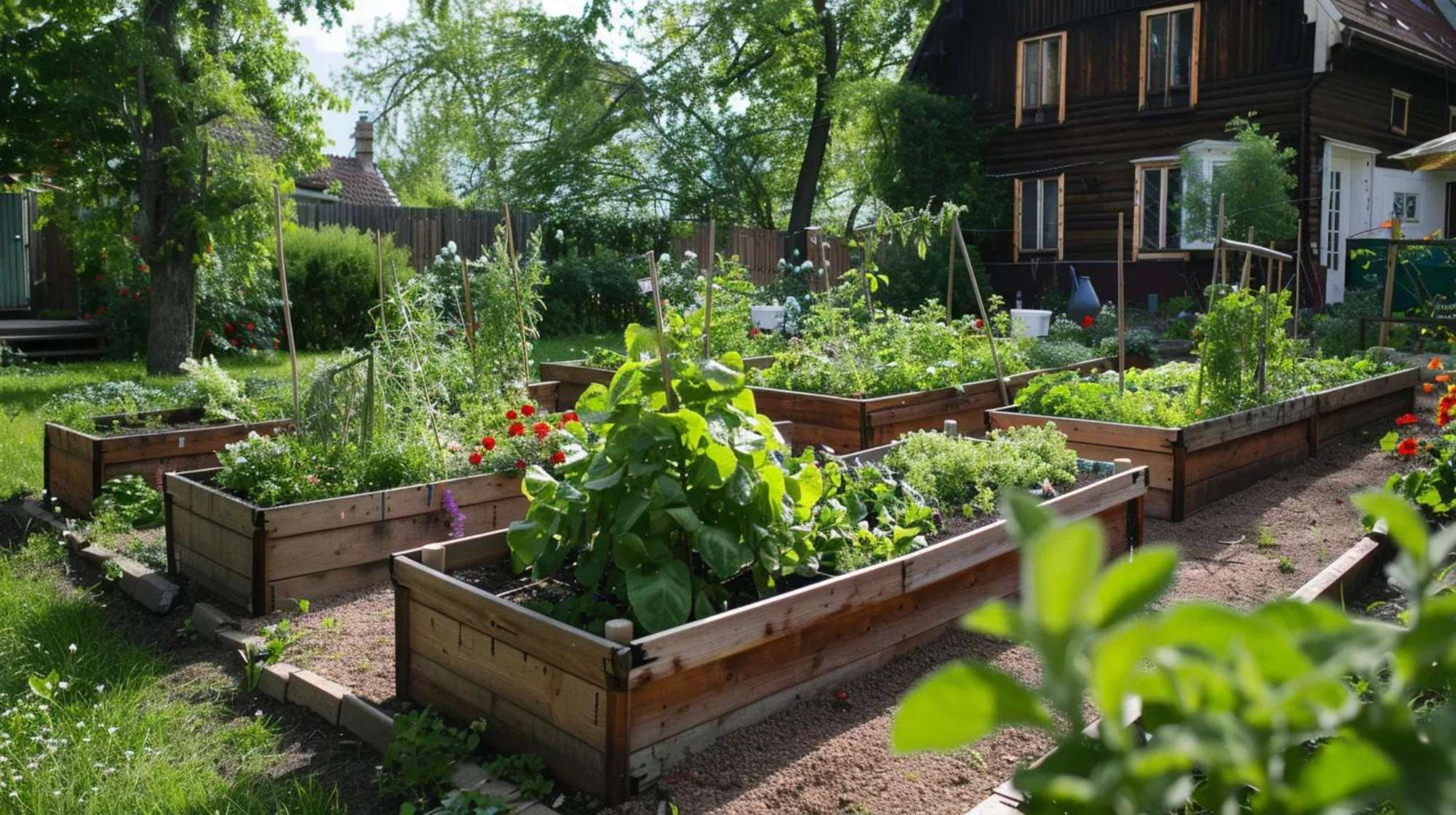 Multiple wooden raised garden beds arranged in an open garden, demonstrating how to protect raised garden beds from animals with raised borders