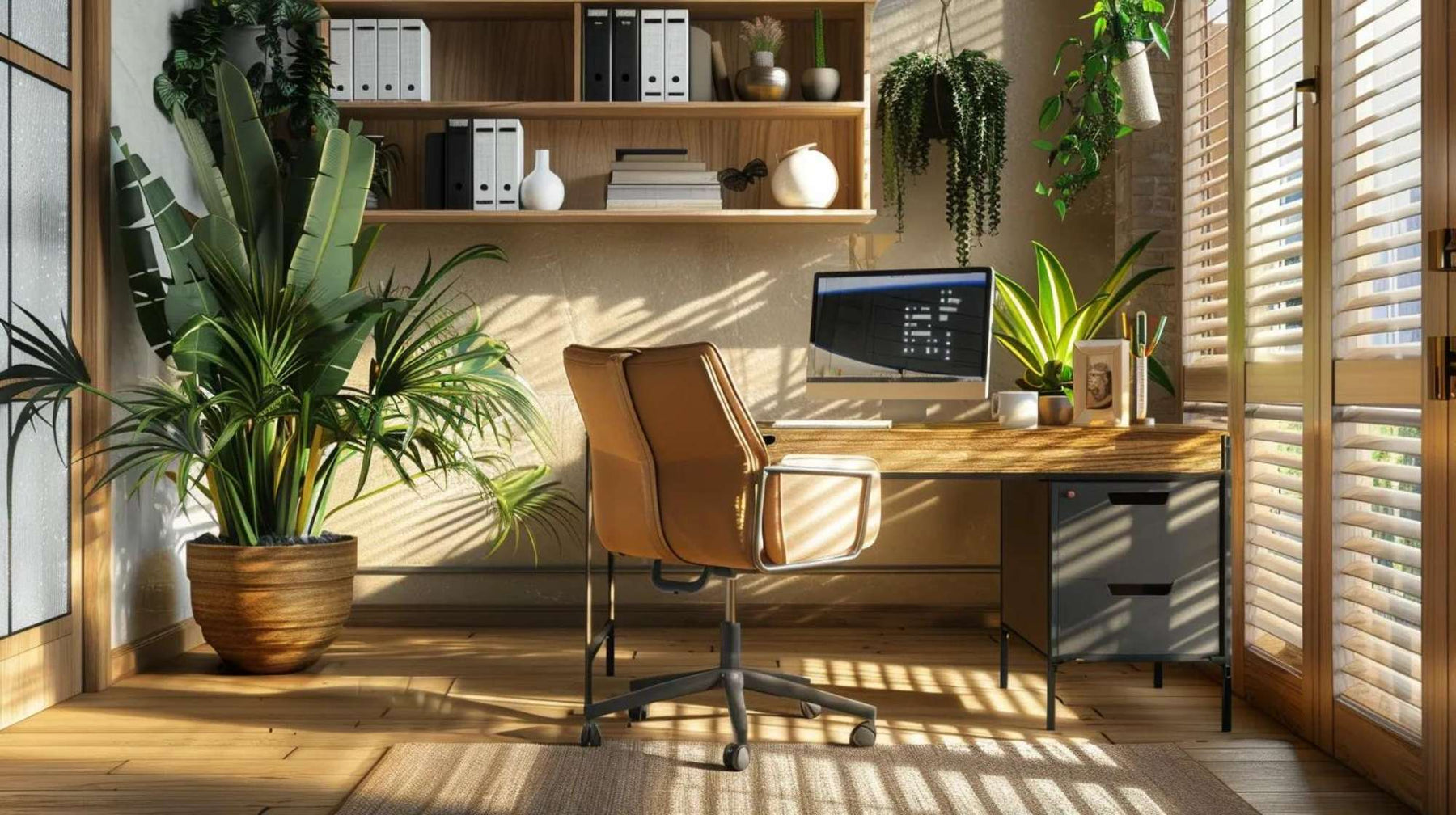 Office design psychology is reflected in a bright home office with natural light, indoor plants, wooden furniture, open shelving, and an organized workspace