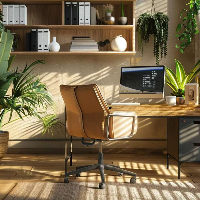 Office design psychology is reflected in a bright home office with natural light, indoor plants, wooden furniture, open shelving, and an organized workspace