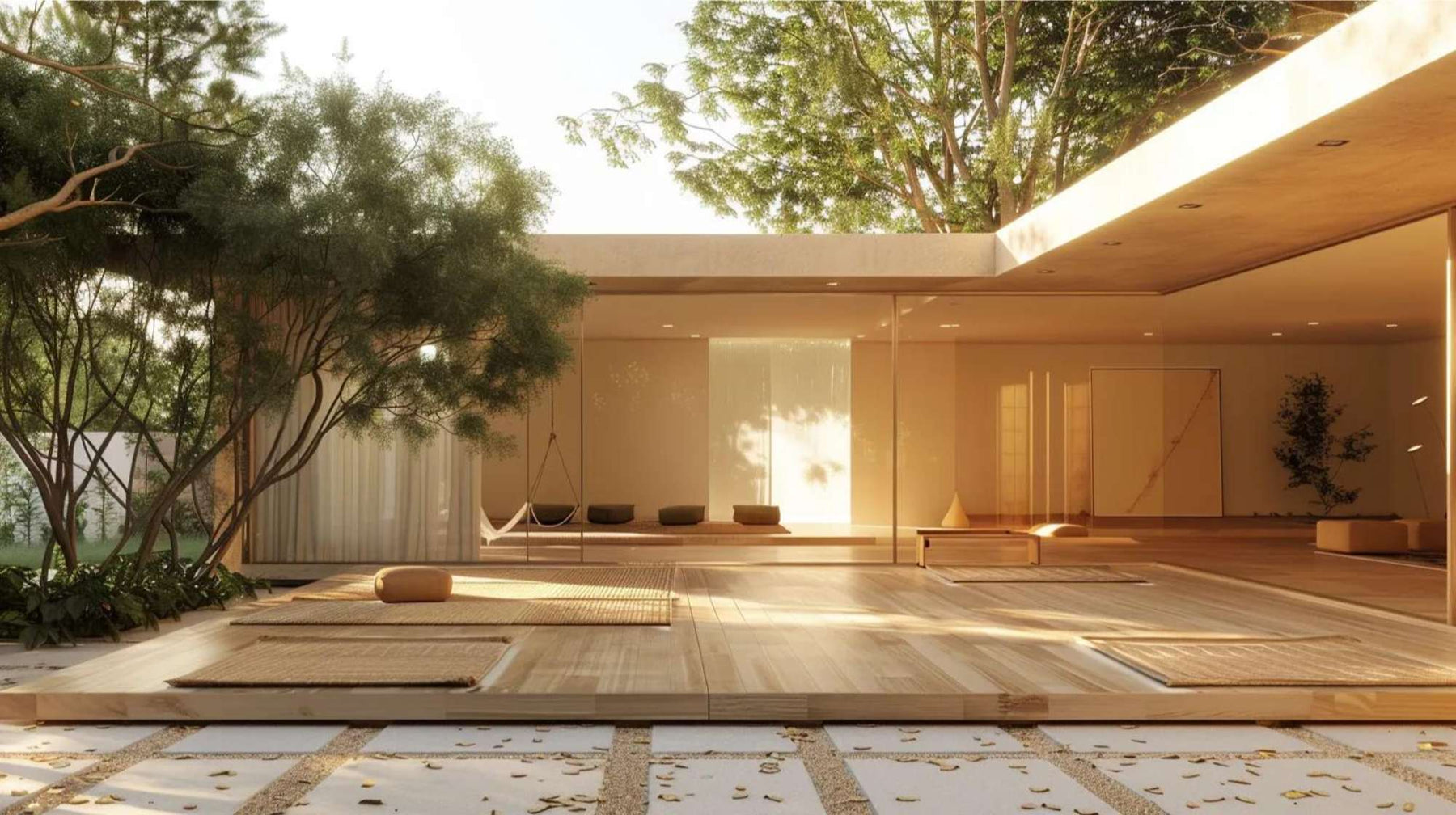 Open-air wooden space with glass walls, soft lighting, and minimal furniture surrounded by trees, designed as a calm and spacious backyard dance studio