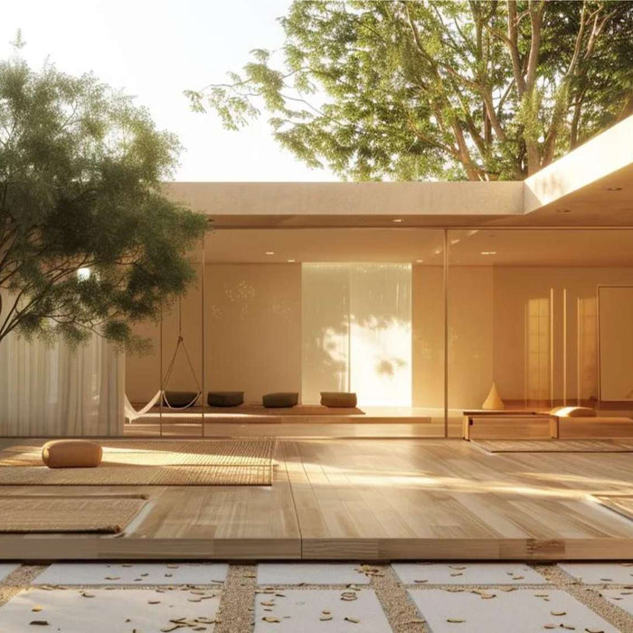 Open-air wooden space with glass walls, soft lighting, and minimal furniture surrounded by trees, designed as a calm and spacious backyard dance studio