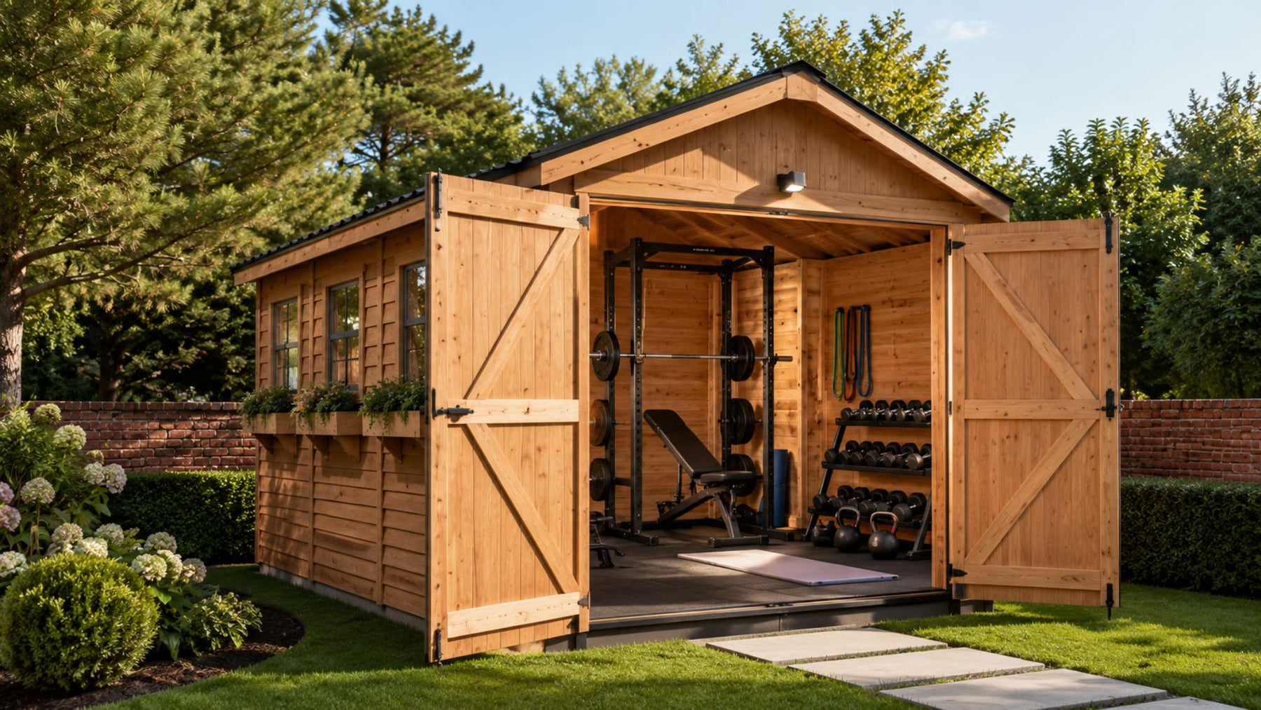 Open wooden gym shed with weights and workout equipment in a landscaped backyard, illustrating backyard gym shed income