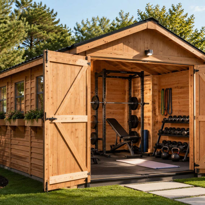 Open wooden gym shed with weights and workout equipment in a landscaped backyard, illustrating backyard gym shed income