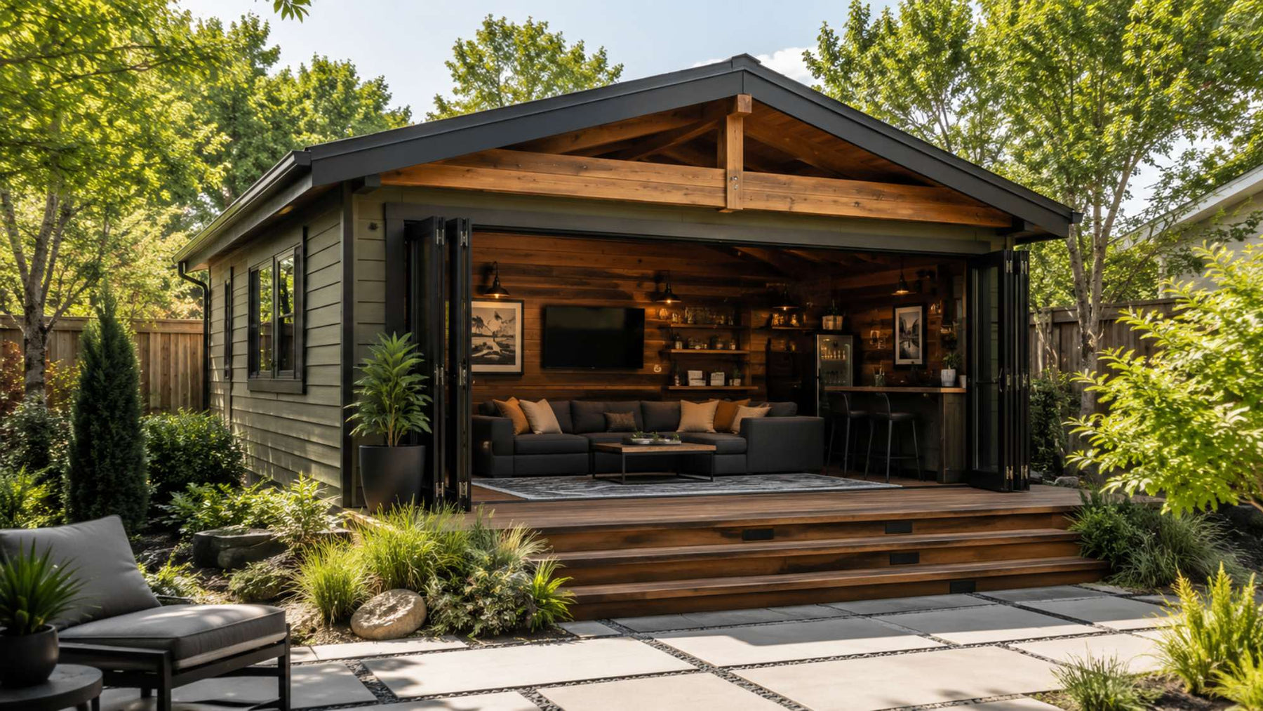Outdoor den setup featuring a modern backyard garden house with a cozy man cave interior, wooden deck, and landscaped patio