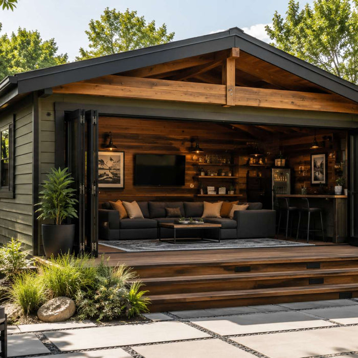 Outdoor den setup featuring a modern backyard garden house with a cozy man cave interior, wooden deck, and landscaped patio