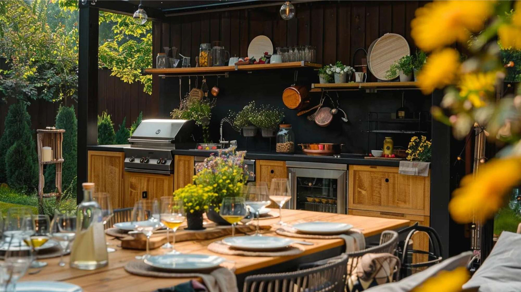 Outdoor kitchen and dining setup in a backyard corporate event space for elegant business dinners