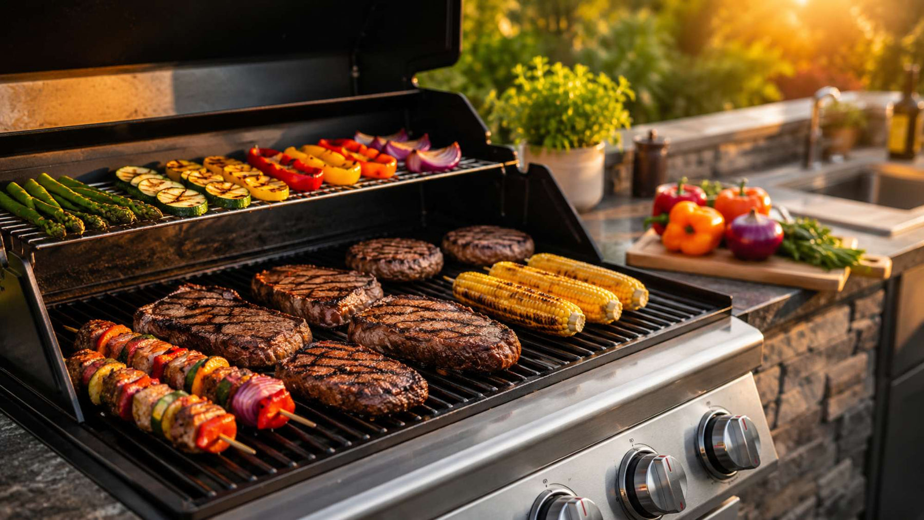 Outdoor kitchen grill cooking steaks, burgers, vegetables, and corn at the ideal grill temperature
