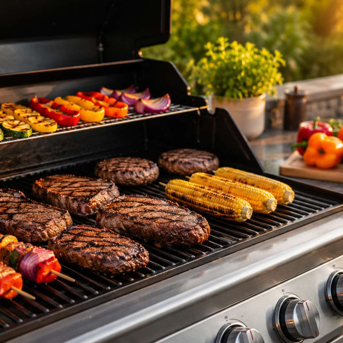 Outdoor kitchen grill cooking steaks, burgers, vegetables, and corn at the ideal grill temperature