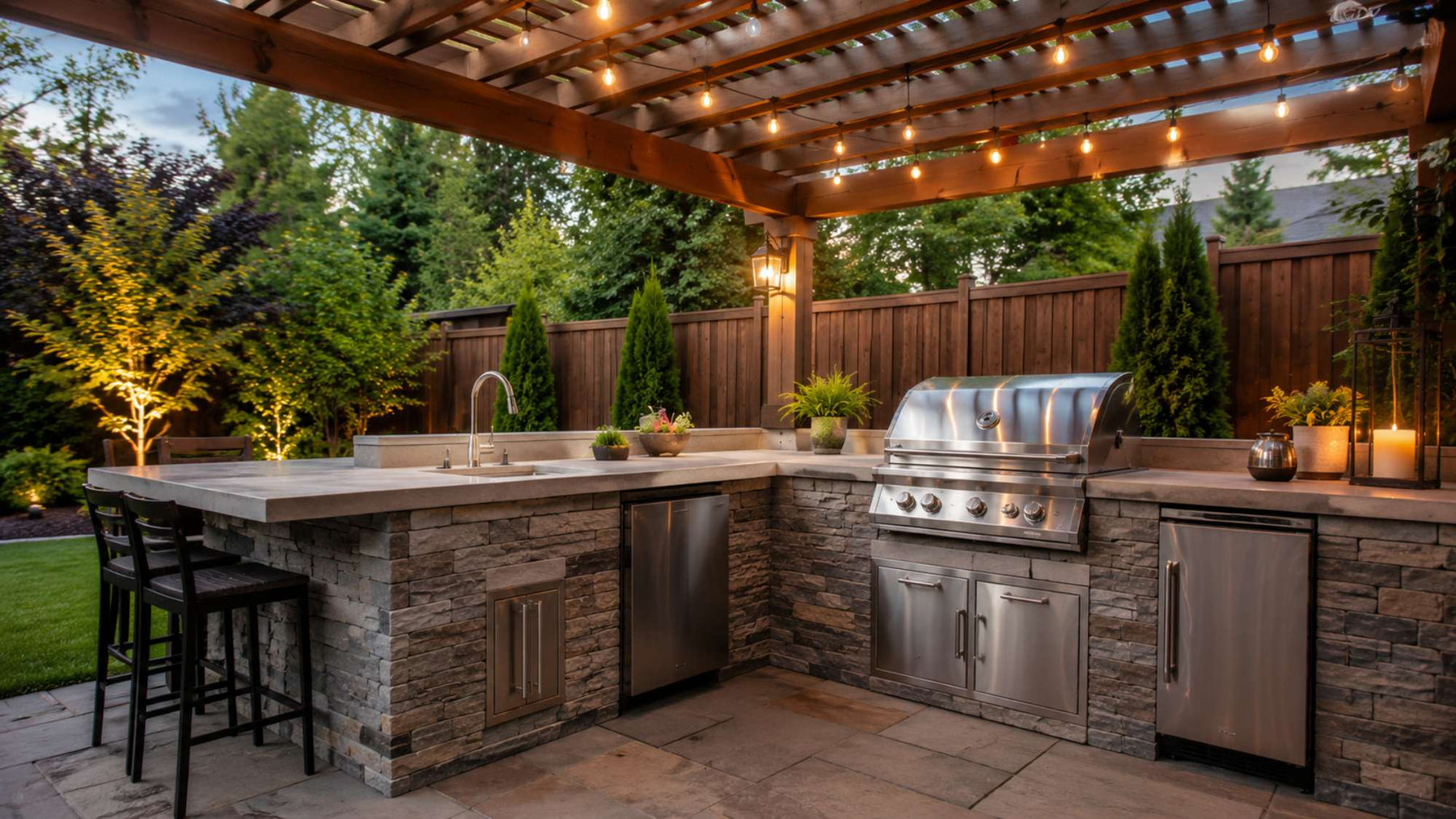Outdoor kitchen plumbing supports this backyard kitchen under a wooden pergola with a built-in grill, sink, stone countertops, and stainless steel cabinets