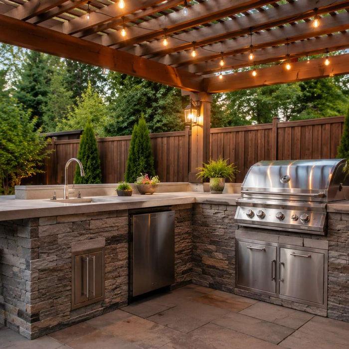 Outdoor kitchen plumbing supports this backyard kitchen under a wooden pergola with a built-in grill, sink, stone countertops, and stainless steel cabinets