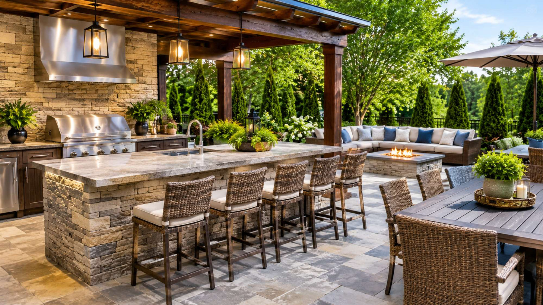 Outdoor kitchen seating with bar stools, a dining table, lounge sofa, and fire pit under a covered patio in a landscaped backyard