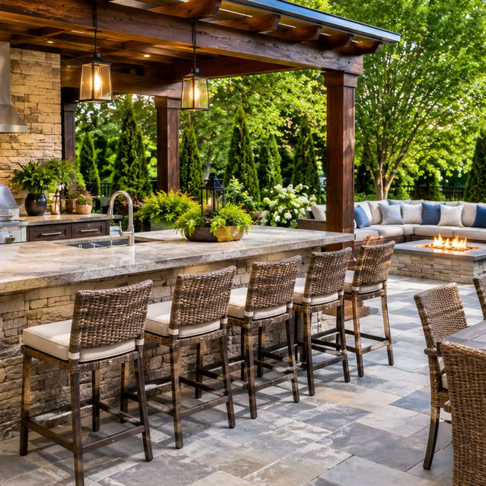Outdoor kitchen seating with bar stools, a dining table, lounge sofa, and fire pit under a covered patio in a landscaped backyard