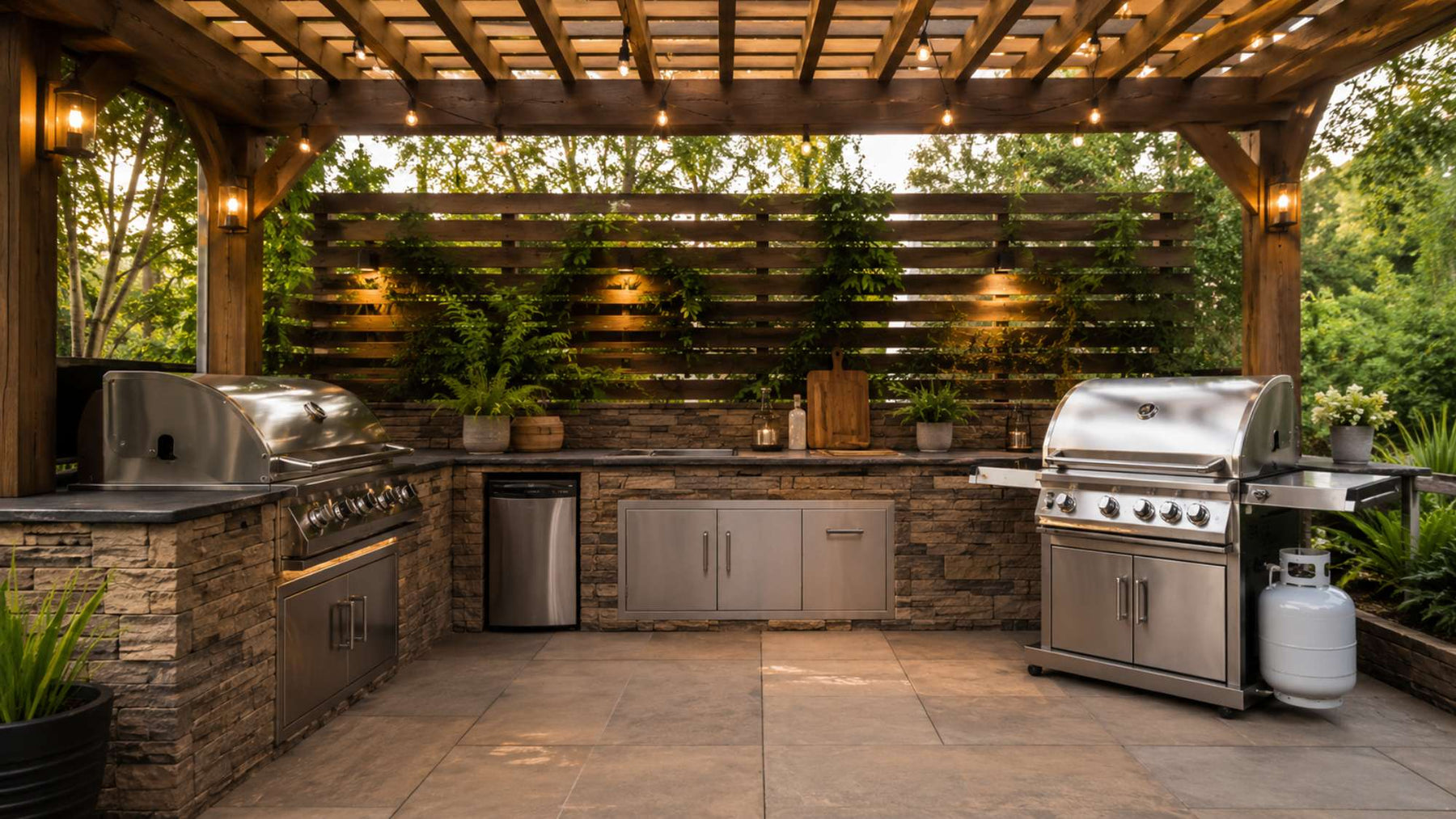 Outdoor kitchen under a wooden pergola with a built-in natural gas grill on the left and a propane grill with a visible tank on the right