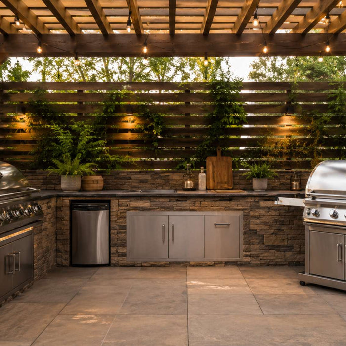 Outdoor kitchen under a wooden pergola with a built-in natural gas grill on the left and a propane grill with a visible tank on the right