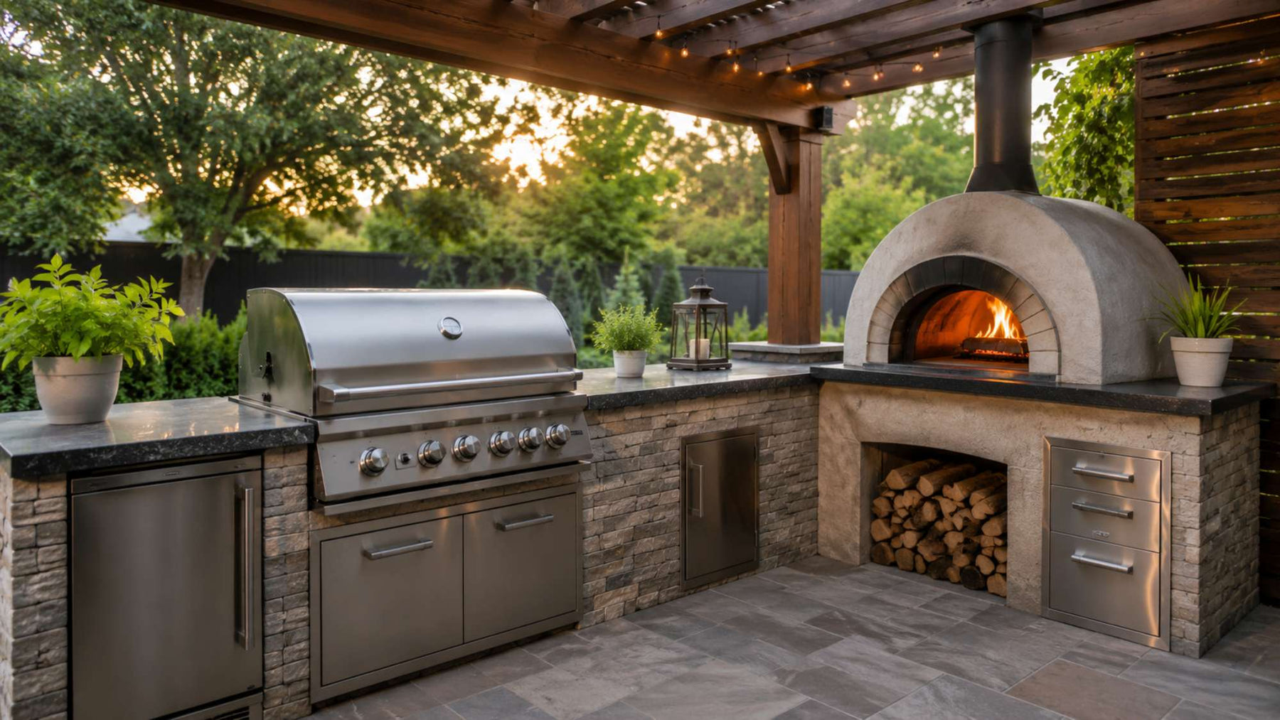 Outdoor kitchen with a stainless steel grill and wood-fired pizza oven under a pergola, showcasing a clean cooking space ideal for grill seasoning and outdoor grilling