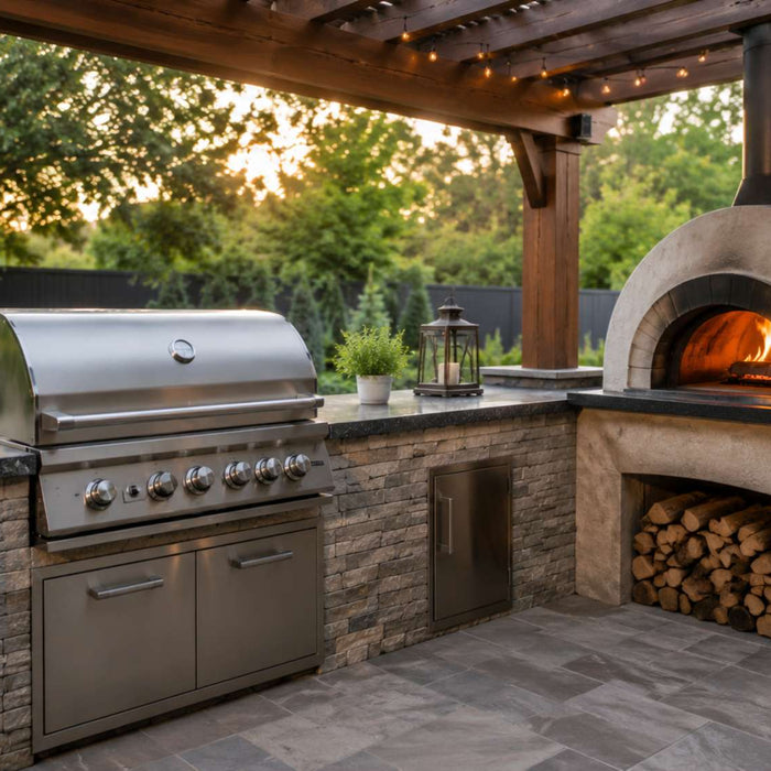 Outdoor kitchen with a stainless steel grill and wood-fired pizza oven under a pergola, showcasing a clean cooking space ideal for grill seasoning and outdoor grilling