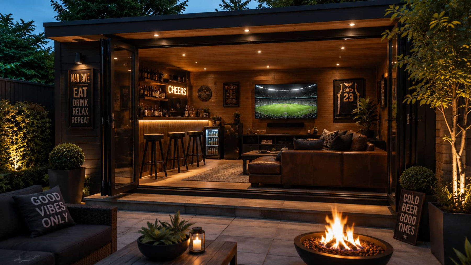 Outdoor man cave furniture creates a stylish garden room with leather seating, a built-in bar, a large TV, and a fire pit in a modern backyard