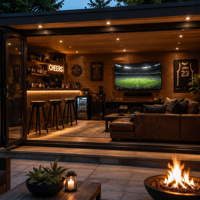 Outdoor man cave furniture creates a stylish garden room with leather seating, a built-in bar, a large TV, and a fire pit in a modern backyard