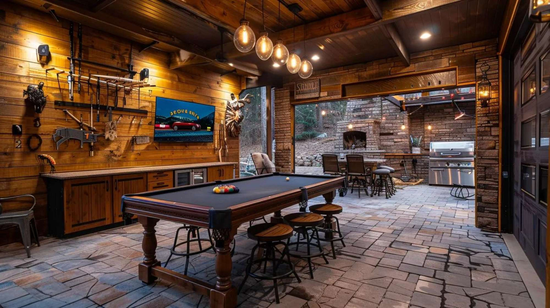 Outdoor man cave trends featuring a rustic game room with a pool table, TV, outdoor kitchen, and stone fireplace