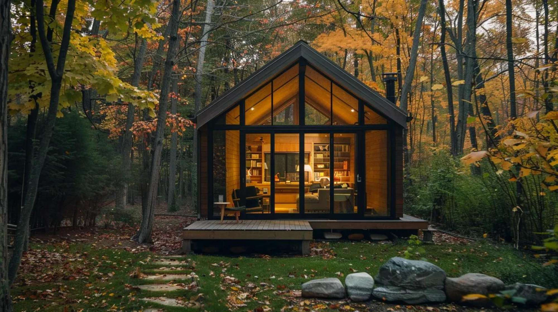 Outdoor she sheds with a modern glass front and small porch sit among colorful autumn trees, with warm interior lighting