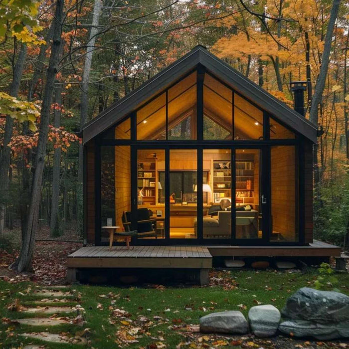 Outdoor she sheds with a modern glass front and small porch sit among colorful autumn trees, with warm interior lighting